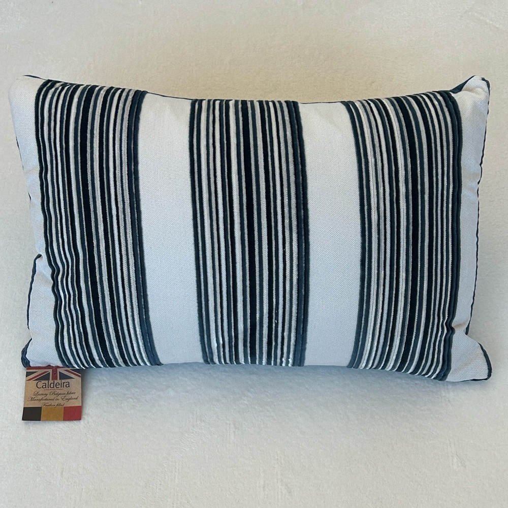 Caldeira Navy Blue White Velvet Striped Feathered Lumbar Home Decorative Pillow - Picture 2 of 10